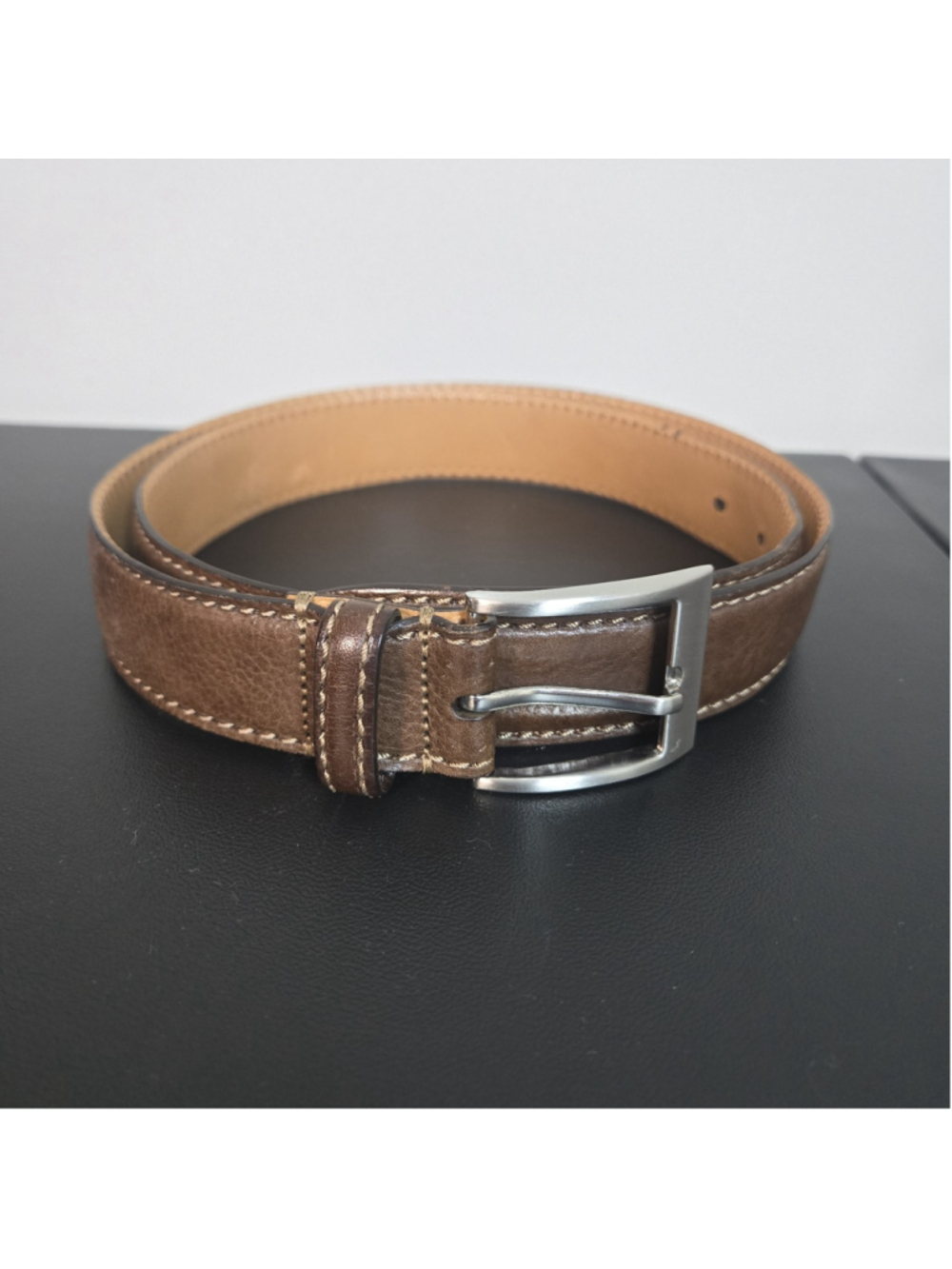 Trafalgar Mens Brandon Italian Leather Belt Size 38 Brown Stitched Pebble Career